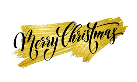 Merry Christmas winter holiday greeting card. Vector calligraphy hand drawn font lettering on white and gold brush paint stroke background for Christmas or New Year and Xmas celebration wish postcardのイラスト素材