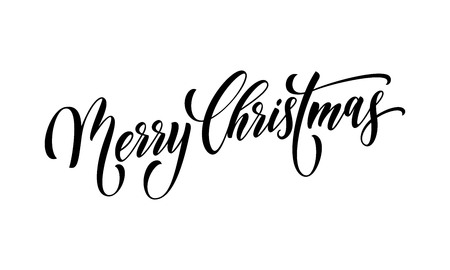 Merry Christmas winter holiday greeting card. Vector calligraphy hand drawn font lettering on white background for Christmas or New Year and Xmas celebration wish postcardのイラスト素材