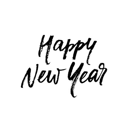 Happy New Year calligraphy greeting card of hand drawn vector font lettering for Christmas on white background. Paint brush New Year modern calligraphic design for Christmas winter holidayのイラスト素材