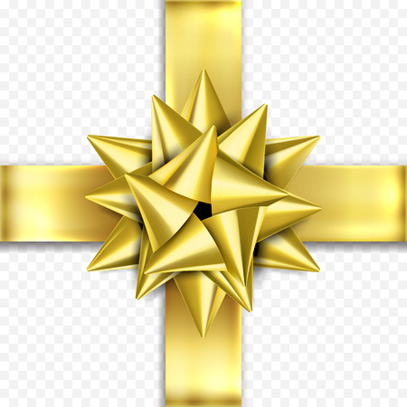 Golden gift bow ribbon design template for Birthday, New Year or Christmas holiday gift box or greeting card decoration. Vector Bday flower bow gift wrapper of gold silk on transparent backgroundのイラスト素材