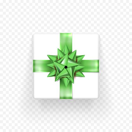 Gift box with green bow ribbon isolated icon for Birthday, New Year or Christmas holiday gift box decoration or greeting card design template. Vector Bday bow gift wrapper on transparent backgroundのイラスト素材
