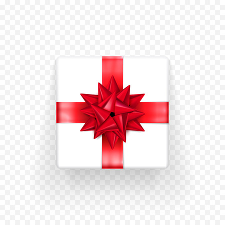 Gift box with red bow ribbon design template for Birthday, New Year or Christmas holiday giftbox or greeting card decoration. Vector isolated Bday bow gift wrapper on transparent backgroundのイラスト素材