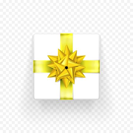 Gift box with golden or yellow bow ribbon isolated icon for Birthday, New Year or Christmas giftbox decoration or greeting card design template. Vector Bday gift wrapper on transparent backgroundのイラスト素材