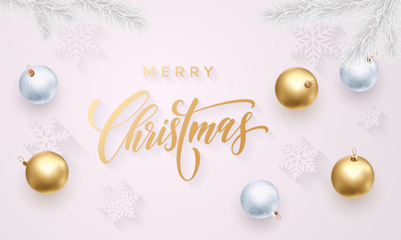 Merry Christmas greeting card of golden decoration balls, gold glittering confetti and stars glitter on premium white background. Vector Christmas or New Year wish calligraphy text for winter holidayのイラスト素材
