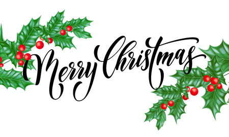 Merry Christmas greeting card of holy leaf branch on winter holiday snow white background. Vector calligraphy wish text lettering design and decoration for New Year or Christmas season celebrationのイラスト素材