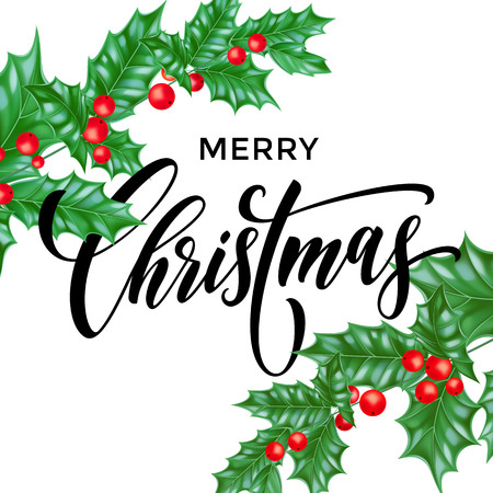 Merry Christmas greeting card of holy on snow white background. Vector winter holiday calligraphy wish text lettering design and decoration for New Year or Christmas celebration seasonのイラスト素材