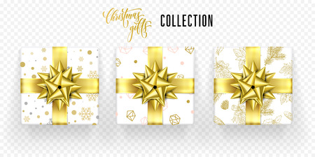 Christmas gift boxes set, golden ribbon bow and gold snowflakes and crystals wrapper pattern. Vector isolated gifts icons for New Year or Christmas and Birthday greeting card on transparent backgroundのイラスト素材