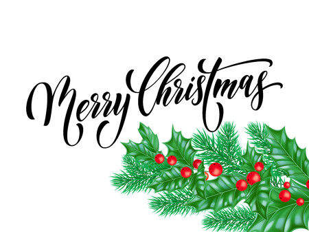 Merry Christmas greeting card of holy on snow white background. Vector winter holiday calligraphy wish text lettering design and New Year or Christmas decoration for celebration seasonのイラスト素材