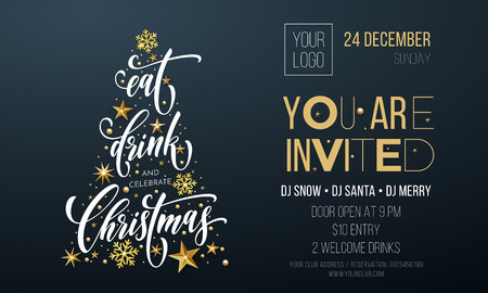 Christmas party invitation poster template of golden Christmas tree star and snowflake decoration on premium black background. Vector gold glitter design template for New Year winter holiday partyのイラスト素材