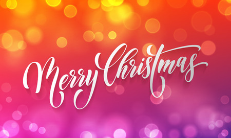 Merry Christmas greeting card calligraphy lettering on sparkling bokeh light or snowflakes glittering blur effect. Vector festive shine background for Christmas or New Year winter holiday wish designのイラスト素材