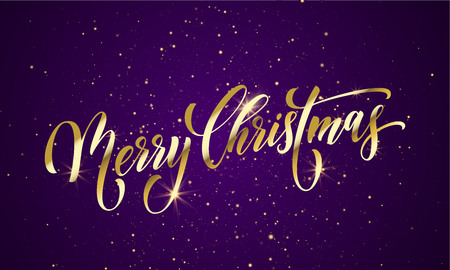 Merry Christmas wish greeting card of gold glitter confetti or sparkling fireworks on premium luxury blue background. Vector golden calligraphy lettering design for New Year or Christmas holidayのイラスト素材