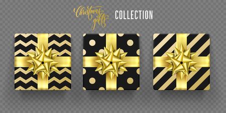 Gift boxes with Christmas golden ribbon bow and gold pattern wrapping for New Year or Christmas gifts decoration or greeting card design element. Birthday holiday gold gifts on transparent backgroundのイラスト素材