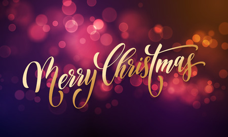 Merry Christmas greeting card of sparkling festive bokeh light background and golden calligraphy lettering wish, Vector festive glitter shine with light effect for Christmas or New Year holidayのイラスト素材