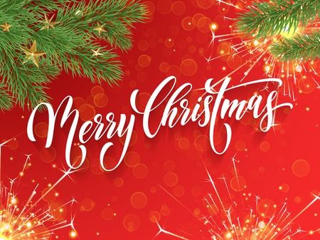 Merry Christmas greeting card and wish calligraphy lettering on golden glitter of festive fireworks or gold glitter confetti. Vector Christmas tree decoration for New Year winter holiday backgroundのイラスト素材