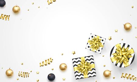 Christmas, New Year golden glittering decoration star and ball confetti design for Christmas winter holiday greeting card template or sale web banner background. Vector gift box and golden ribbon bowのイラスト素材