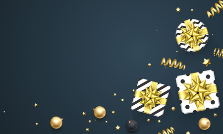 Christmas, New Year golden glittering decoration star and ball confetti design for Christmas winter holiday greeting card. Vector gift box and golden ribbon bow on luxury premium black backgroundのイラスト素材