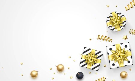 New Year or Christmas greeting card of golden gift ribbon bow and gold glittering star confetti glitter on premium white background. Vector template for Christmas winter holiday decoration or saleのイラスト素材