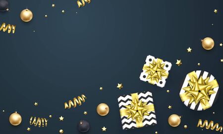New Year or Christmas greeting card of golden gift ribbon bow and gold glittering star confetti glitter on premium black background. Vector template for Christmas winter holiday decoration or saleのイラスト素材