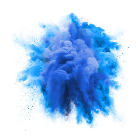 Paint powder explosion or abstract color splash of blue particles burst isolated on white background. Abstract color glitter explode with glowing shimmer texture effect for cosmetic backgroundの写真素材