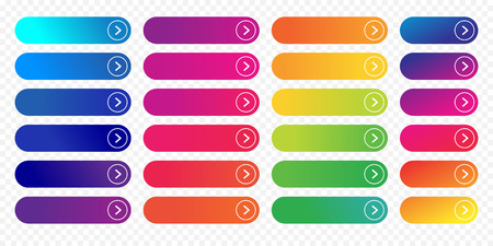Web buttons flat design template with color gradient and thin line outline style. Vector isolated rectangular rounded web page next arrow button elements set on transparent backgroundのイラスト素材