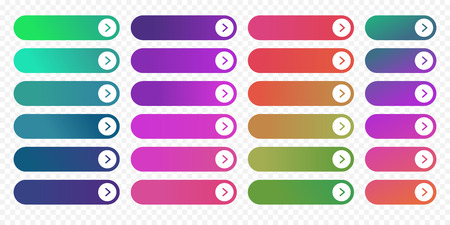 Web buttons flat design template with color gradient and thin line outline style. Vector isolated rectangular rounded web page next arrow button elements set on transparent backgroundのイラスト素材