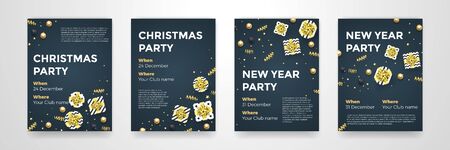 Christmas, New Year winter holiday party posters design template of golden glittering Xmas decorations. Vector confetti and present in gold star ribbon bow for invitation card black backgroundのイラスト素材