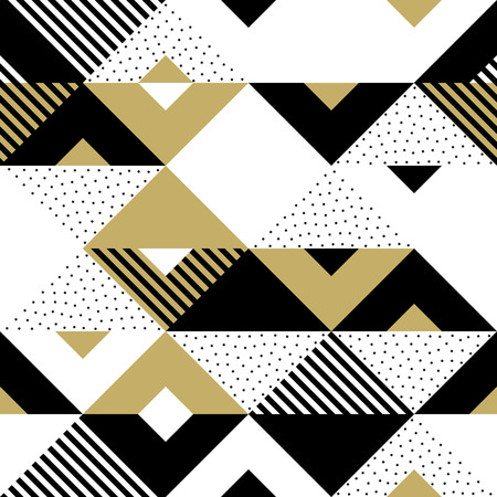 Geometric pattern of abstract golden seamless triangle, black square and white rhombus ornament. Vector background with gold geometry chevron pattern texture for backdrop tile template designのイラスト素材