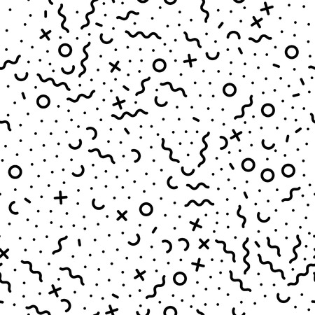 Abstract geometric pattern background. Vector irregular chaotic black lines, dots and circles pattern modern trendy seamless white Memphis retro background tile design templateのイラスト素材