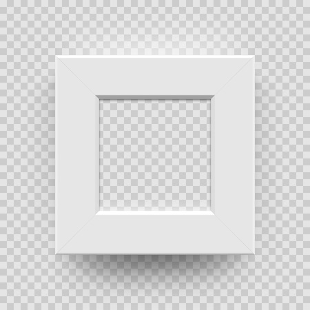 Photo picture frame white paper, plastic or wooden 3D template isolated on transparent background. Vector square photoframe box model for interior designのイラスト素材