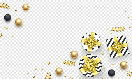 Christmas or New Year greeting card background template of golden ball decorations. Vector Christmas gifts with golden ribbon bow and gold glitter confetti on gift boxes ornament for winter holiday.のイラスト素材