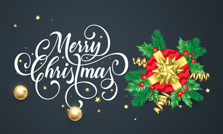 Merry Christmas greeting card of gift in golden ribbon bow on black background. Vector calligraphy wish lettering and New Year holy and fir tree wreath decoration for Christmas seasonのイラスト素材