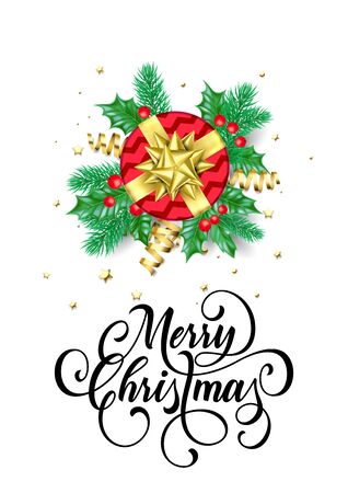 Merry Christmas greeting card of New Year gift and golden decoration ribbon bow on glittering confetti white background. Vector Christmas winter holiday calligraphy lettering design templateのイラスト素材