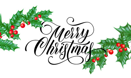 Merry Christmas greeting card of New Year holly leaf and red berry on white background. Vector design template and Christmas calligraphy wish text for winter season holiday celebrationのイラスト素材