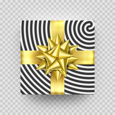 Christmas gift box or present with golden ribbon bow and wrapping paper stripe pattern. Luxury Christmas gift box isolated on transparent background for New Year holiday, Birthday vector greeting cardのイラスト素材