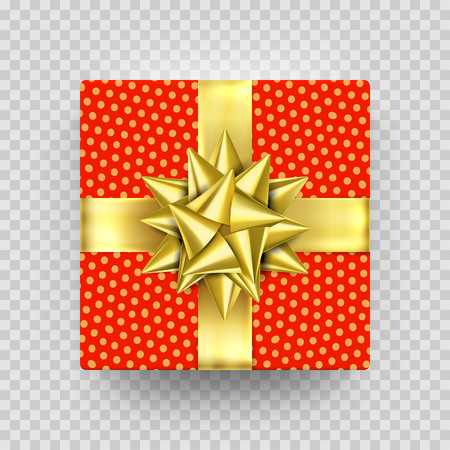 Christmas gift box red present in golden ribbon bow and wrapping paper dotted pattern. Vector Christmas luxury gift box isolated on transparent background for New Year holiday, Birthday greeting cardのイラスト素材