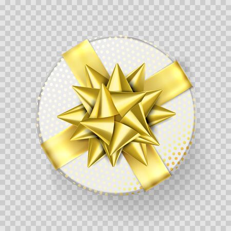 Christmas gift box or present with golden ribbon bow isolated on transparent background for New Year, Christmas holiday or Birthday greeting card design. Vector round white gift box icon templateのイラスト素材