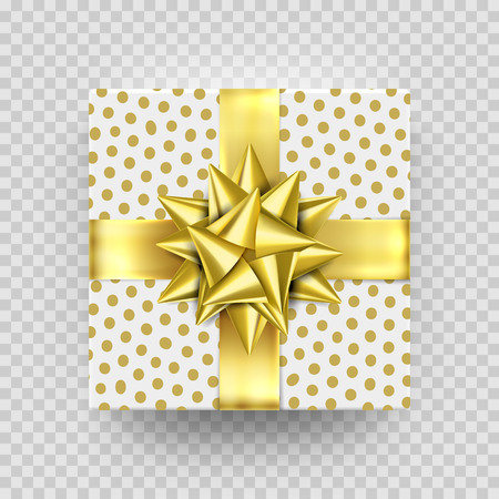 Christmas gift box present in golden ribbon bow and wrapping paper dotted pattern. Vector Christmas square gift box isolated on transparent background for New Year holiday or Birthday greeting cardのイラスト素材