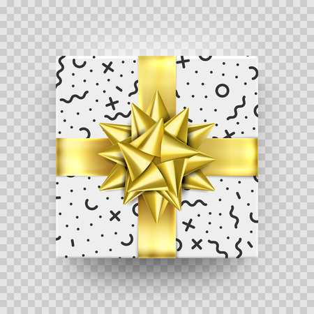 Christmas gift golden box New Year present in gold ribbon bow and wrapping paper pattern. Square gift box for Birthday or Christmas holiday greeting card design isolated on transparent backgroundのイラスト素材