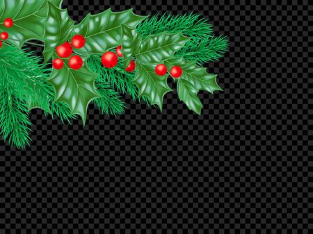 Christmas greeting card template background of holly leaf wreath and New Year fir or pine tree decoration. Vector Christmas tree ornament for New Year winter holiday festive sale black web bannerのイラスト素材