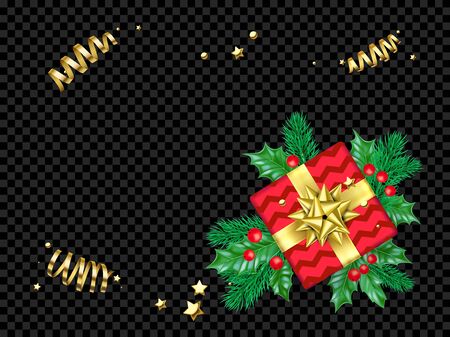 Christmas or New Year holiday background template of golden decoration, gift golden ribbon bow or gold confetti on transparent black. Vector Christmas tree greeting card or premium sale designのイラスト素材