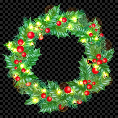 Christmas greeting card template background of holly leaf wreath and Christmas lights garland on New Year fir or pine tree decoration. Vector Christmas tree ornament for New Year winter holiday bannerのイラスト素材