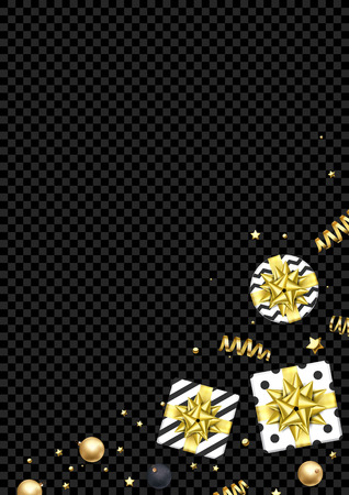 Christmas or New Year greeting card vector background template of golden ball decorations. Christmas gifts with golden ribbon bow and gold glitter confetti on gift boxes ornament for winter holidayのイラスト素材