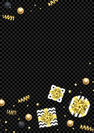 Christmas greeting card template background of golden glitter confetti, gift box with gold ribbon bow. Vector New Year winter holiday festive glittering star and ball for Christmas sale web bannerのイラスト素材