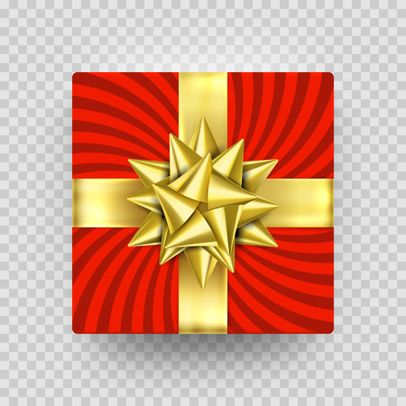 Christmas gift box red present in golden ribbon bow and wrapping paper wave pattern. Vector premium gold gift box isolated on transparent background for Birthday or Christmas New Year holiday greetingのイラスト素材