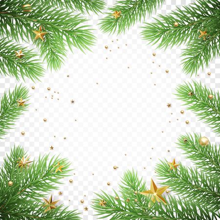 Christmas holiday greeting card background template of New Year fir tree branch wreath frame and golden stars confetti. Vector Christmas or New Year decoration poster design on transparent whiteのイラスト素材
