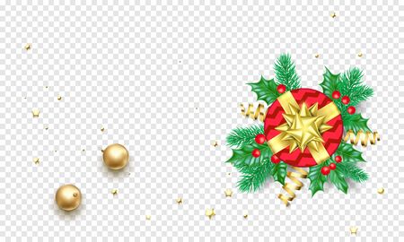 Christmas or New Year holiday background template of golden decoration, gift golden ribbon bow or gold confetti on transparent white. Vector Christmas tree greeting card or premium sale banner designのイラスト素材