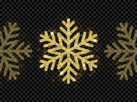 Christmas holiday golden snowflake decoration of gold glitter shine on black transparent background. Vector glittering shine sparkles of sparkling snow flake for Christmas or New Year design templateのイラスト素材