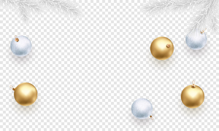 Christmas holiday greeting card background template of golden ball decorations on Christmas tree branches. Vector New Year gold glitter stars confetti on transparent luxury white backgroundのイラスト素材