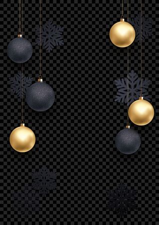 New Year or Christmas greeting card background template of golden ball and snowflake pattern on premium black. Vector Christmas winter holiday decoration on transparent background for New Year saleのイラスト素材