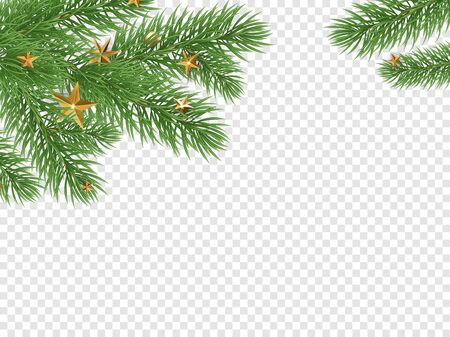 Christmas holiday greeting card background template of golden star and ball decorations on Christmas tree and holly wreath. Vector New Year golden confetti garland on transparent luxury black designのイラスト素材